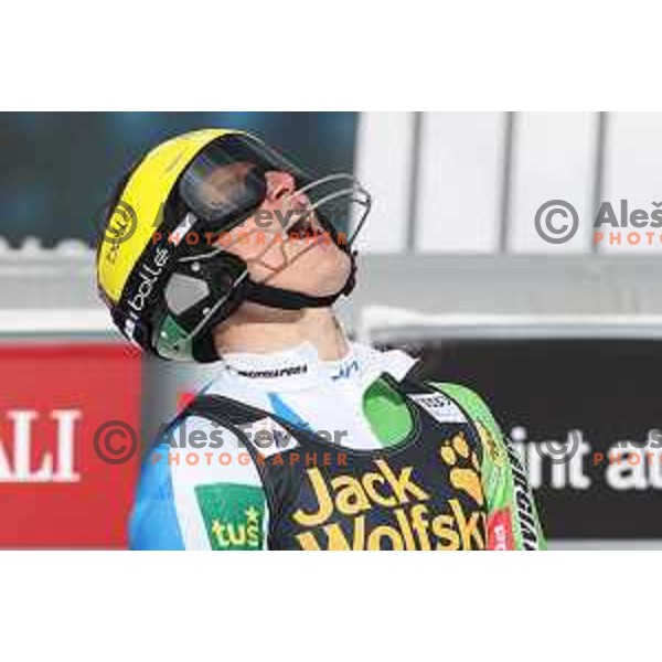 Stefan Hadalin reacts in finsih arena after Audi FIS World Cup Slalom for 58. Vitranc Cup in Kranjska Gora, Slovenia on March 10, 2019