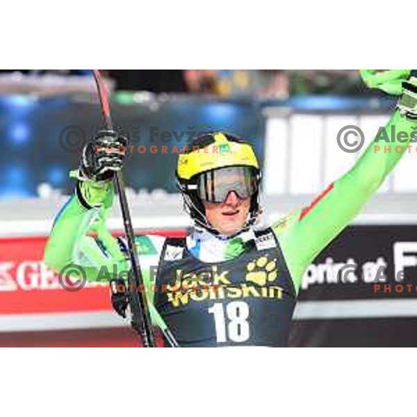 Stefan Hadalin reacts in finsih arena after Audi FIS World Cup Slalom for 58. Vitranc Cup in Kranjska Gora, Slovenia on March 10, 2019
