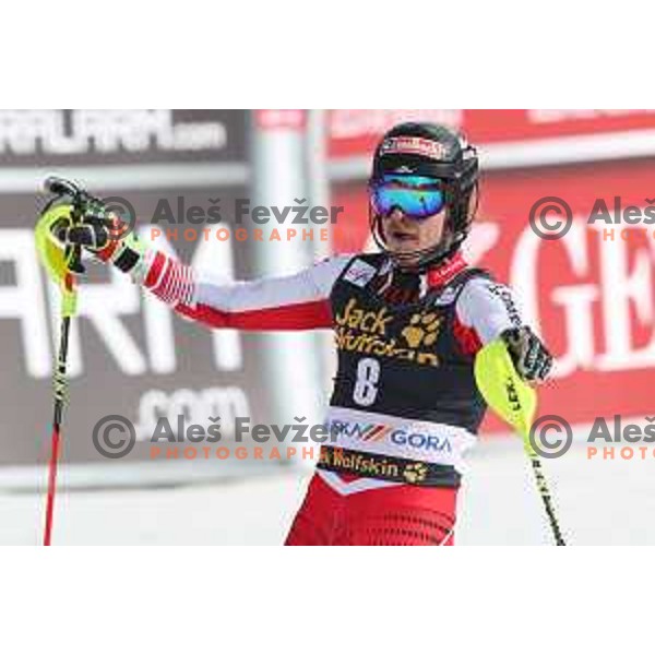 Manuel Feller reacts in finsih arena after Audi FIS World Cup Slalom for 58. Vitranc Cup in Kranjska Gora, Slovenia on March 10, 2019