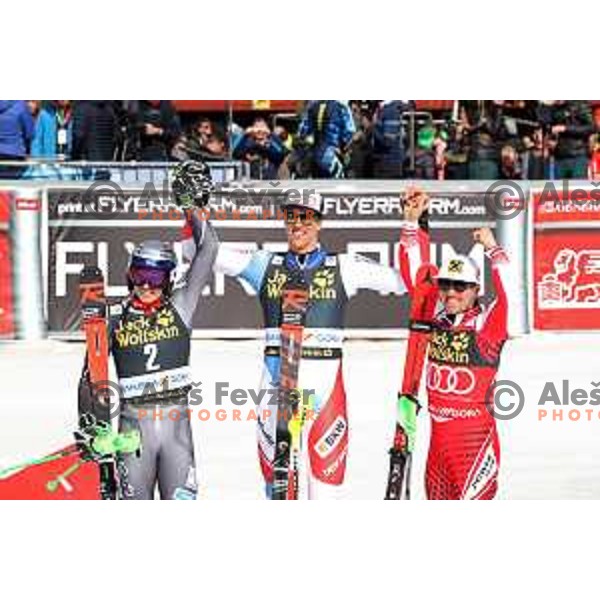 Henrik Krisotffersen, Ramon Zenhaeusern, winner of Audi FIS World Cup Slalom for 58. Vitranc Cup and Marcel Hirscher in Kranjska Gora, Slovenia on March 10, 2019