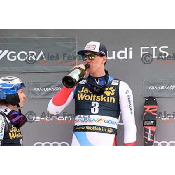 Henrik Kristoffersen and Ramon Zenhaeusern, winner of Audi FIS World Cup Slalom for 58. Vitranc Cup in Kranjska Gora, Slovenia on March 10, 2019