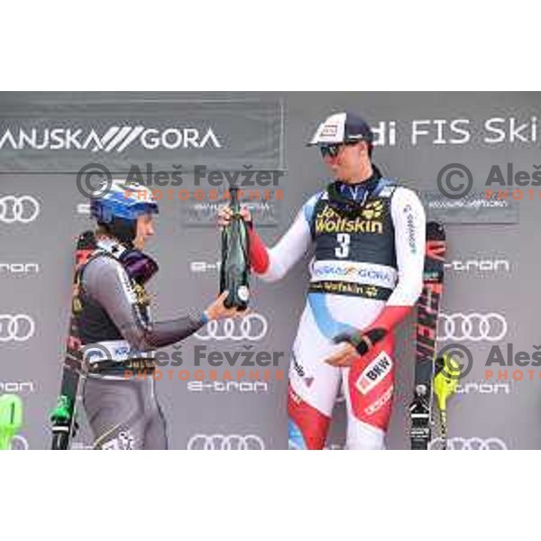 Henrik Kristoffersen and Ramon Zenhaeusern, winner of Audi FIS World Cup Slalom for 58. Vitranc Cup in Kranjska Gora, Slovenia on March 10, 2019