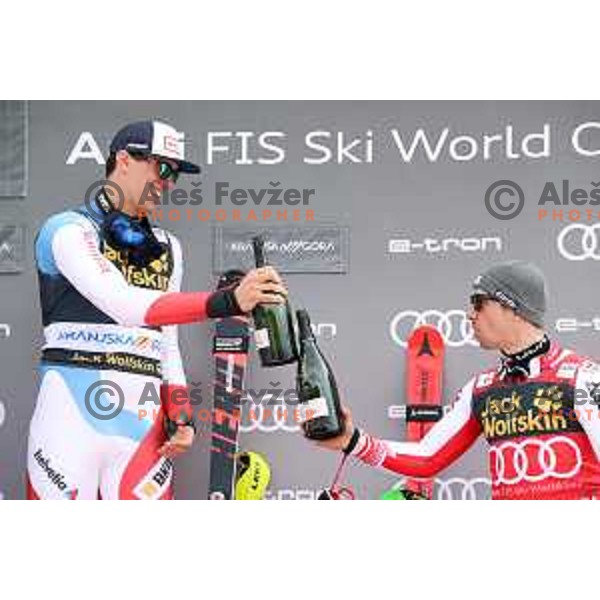 Ramon Zenheausern, winner of Audi FIS World Cup Slalom for 58. Vitranc Cup and Marcel Hirscher in Kranjska Gora, Slovenia on March 10, 2019
