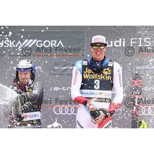Henrik Kristoffersen and Ramon Zenhaeusern, winner of Audi FIS World Cup Slalom for 58. Vitranc Cup in Kranjska Gora, Slovenia on March 10, 2019