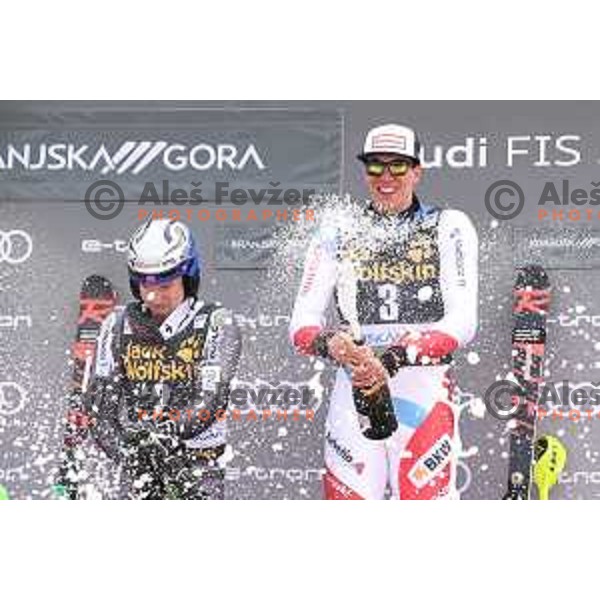 Henrik Kristoffersen and Ramon Zenhaeusern, winner of Audi FIS World Cup Slalom for 58. Vitranc Cup in Kranjska Gora, Slovenia on March 10, 2019