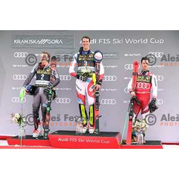 Henrik Krisotffersen, Ramon Zenhaeusern, winner of Audi FIS World Cup Slalom for 58. Vitranc Cup and Marcel Hirscher in Kranjska Gora, Slovenia on March 10, 2019
