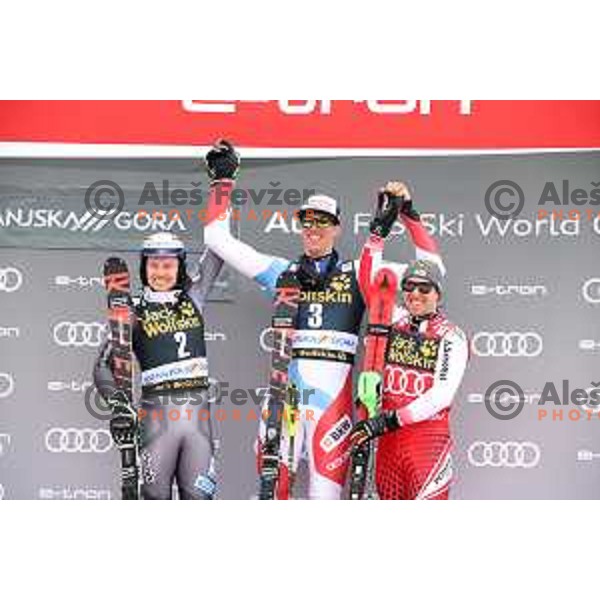 Henrik Krisotffersen, Ramon Zenhaeusern, winner of Audi FIS World Cup Slalom for 58. Vitranc Cup and Marcel Hirscher in Kranjska Gora, Slovenia on March 10, 2019