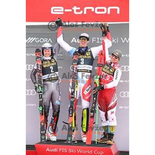 Henrik Krisotffersen, Ramon Zenhaeusern, winner of Audi FIS World Cup Slalom for 58. Vitranc Cup and Marcel Hirscher in Kranjska Gora, Slovenia on March 10, 2019