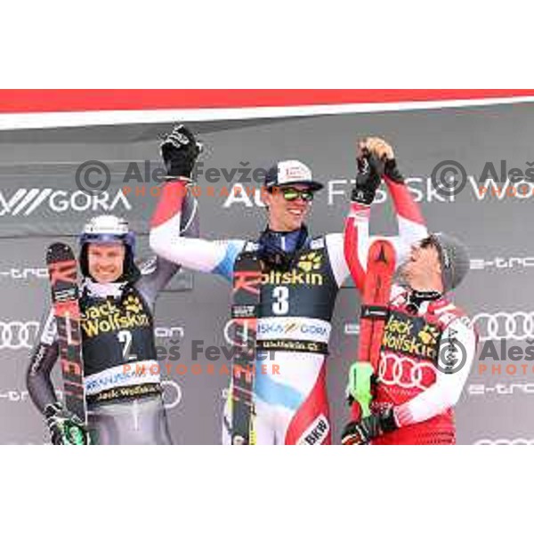 Henrik Krisotffersen, Ramon Zenhaeusern, winner of Audi FIS World Cup Slalom for 58. Vitranc Cup and Marcel Hirscher in Kranjska Gora, Slovenia on March 10, 2019