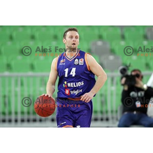 Jure Mocnik of Helios Suns in action during Nova KBM league basketball match between Petrol Olimpija and Helios suns in Stozice, Ljubljana, Slovenia on March 14, 2019