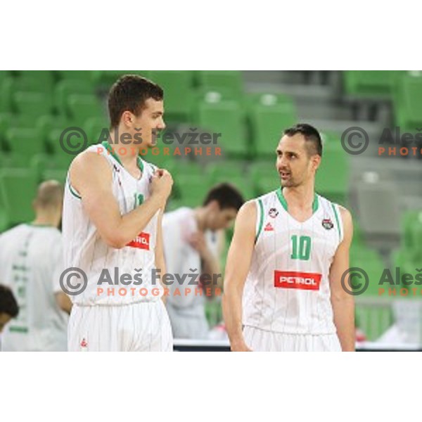 Marko Simonovic and Domen Lorbek of Petrol Olimpija in action during Nova KBM league basketball match between Petrol Olimpija and Helios suns in Stozice, Ljubljana, Slovenia on March 14, 2019