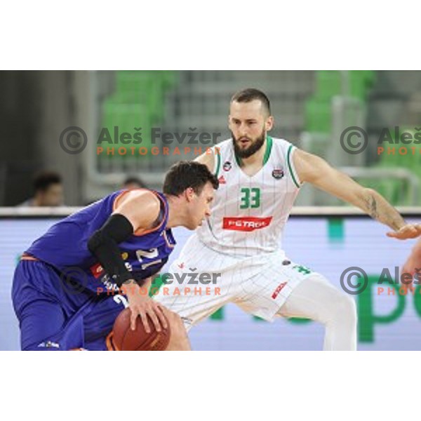 Blaz Mahkovic of Helios Suns and Bojan Radulovic of Petrol Olimpija in action during Nova KBM league basketball match between Petrol Olimpija and Helios suns in Stozice, Ljubljana, Slovenia on March 14, 2019