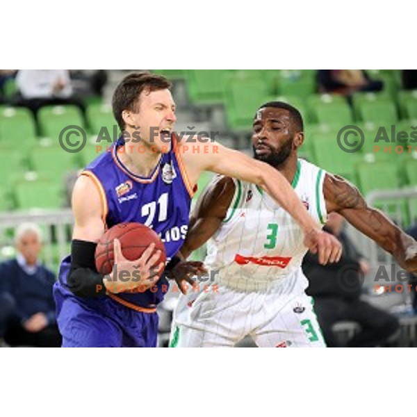 Blaz Mahkovic and Marvin Jones in action during Nova KBM league basketball match between Petrol Olimpija and Helios suns in Stozice, Ljubljana, Slovenia on March 14, 2019