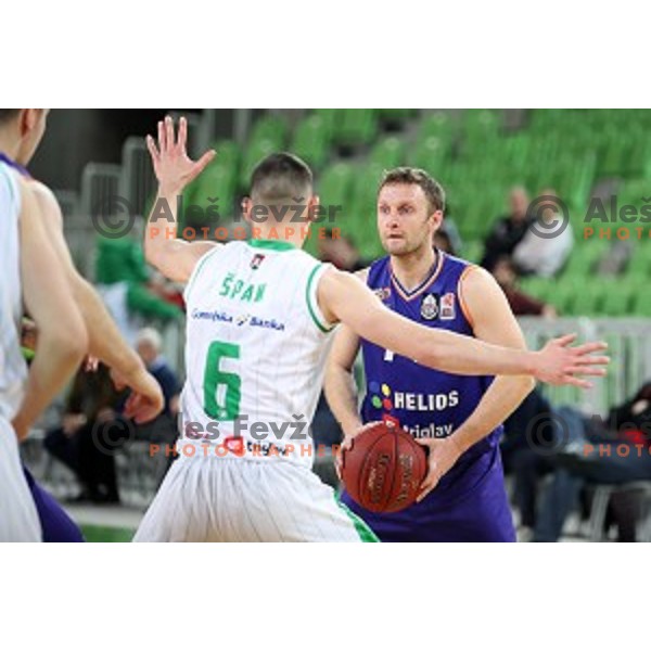 Jure Mocnik of Helios Suns in action during Nova KBM league basketball match between Petrol Olimpija and Helios suns in Stozice, Ljubljana, Slovenia on March 14, 2019