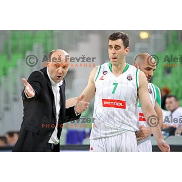Jure Zdovc, head coach and Drazen Bubnic of Petrol Olimpija during Nova KBM league basketball match between Petrol Olimpija and Helios suns in Stozice, Ljubljana, Slovenia on March 14, 2019