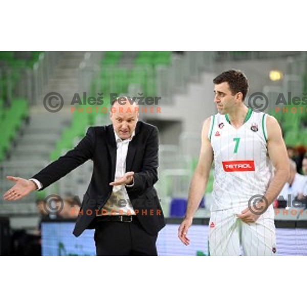 Jure Zdovc, head coach and Drazen Bubnic of Petrol Olimpija during Nova KBM league basketball match between Petrol Olimpija and Helios suns in Stozice, Ljubljana, Slovenia on March 14, 2019