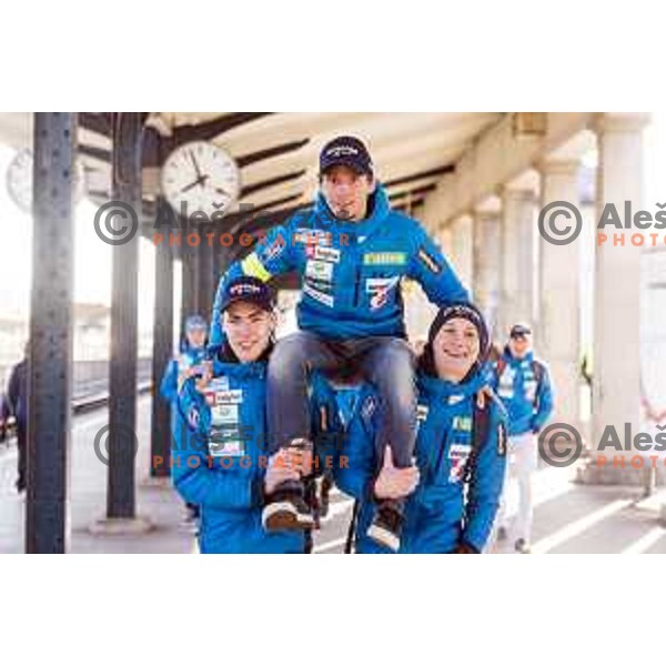 members of Slovenia Ski jumping departing with train from Ljubljana to Jesenice on March 20, 2019 before start of World Cup Ski Jumping Final in Planica, Slovenia