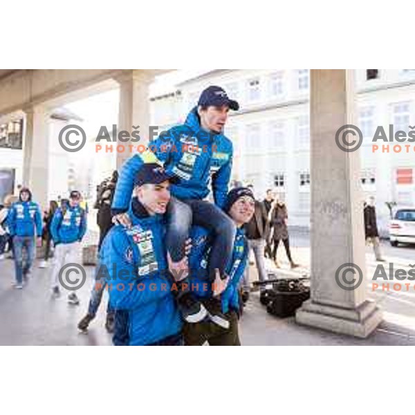 members of Slovenia Ski jumping departing with train from Ljubljana to Jesenice on March 20, 2019 before start of World Cup Ski Jumping Final in Planica, Slovenia