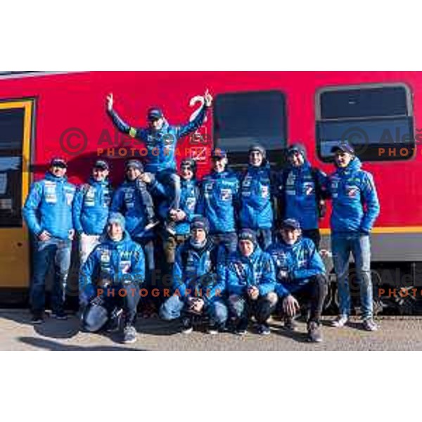 members of Slovenia Ski jumping departing with train from Ljubljana to Jesenice on March 20, 2019 before start of World Cup Ski Jumping Final in Planica, Slovenia