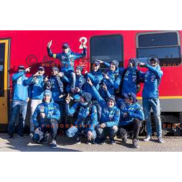 members of Slovenia Ski jumping departing with train from Ljubljana to Jesenice on March 20, 2019 before start of World Cup Ski Jumping Final in Planica, Slovenia