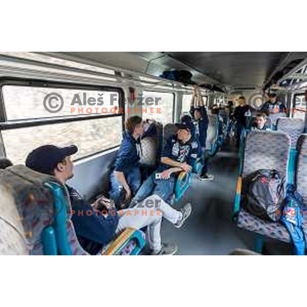 members of Slovenia Ski jumping departing with train from Ljubljana to Jesenice on March 20, 2019 before start of World Cup Ski Jumping Final in Planica, Slovenia