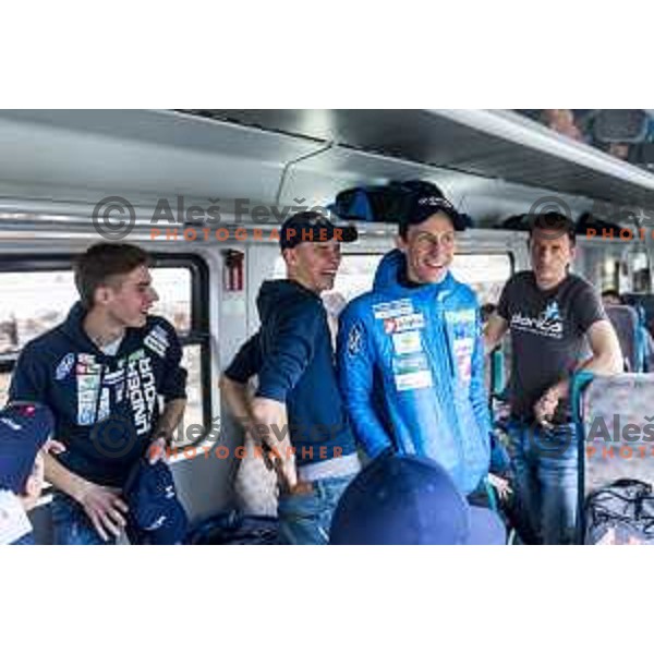 members of Slovenia Ski jumping departing with train from Ljubljana to Jesenice on March 20, 2019 before start of World Cup Ski Jumping Final in Planica, Slovenia