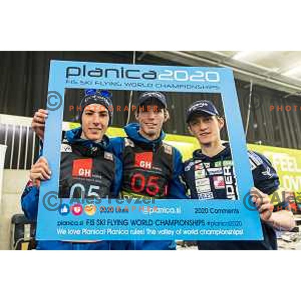 Timi Zajc, Anze Semenic and Peter Prevc at Ski flying team competition during World Cup Ski jumping in Planica, Slovenia on March 23, 2019