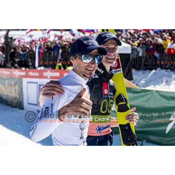 Robert Kranjec finished his ski jumping career and Peter Prevc at Ski flying team competition during World Cup Ski jumping in Planica, Slovenia on March 23, 2019