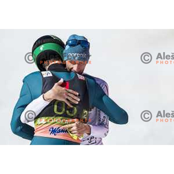 Robert Kranjec finished his ski jumping career and Peter Prevc at Ski flying team competition during World Cup Ski jumping in Planica, Slovenia on March 23, 2019