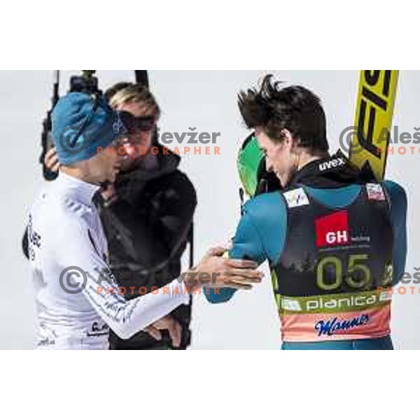 Robert Kranjec finished his ski jumping career and Peter Prevc at Ski flying team competition during World Cup Ski jumping in Planica, Slovenia on March 23, 2019