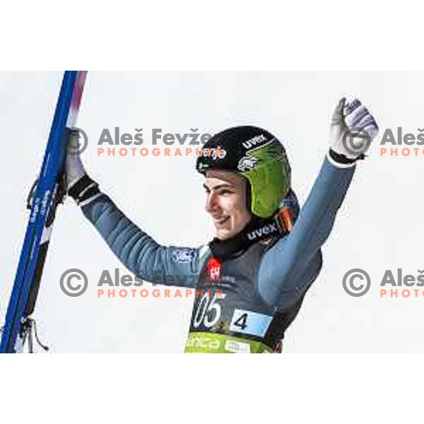 Timi Zajc at Ski flying team competition during World Cup Ski jumping in Planica, Slovenia on March 23, 2019