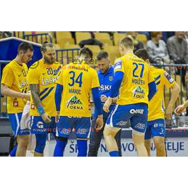 William Accambray, Tomaz Ocvirk, head coach of Celje Pivovarna Lasko during handball match between Celje Pivovarna Lasko and Maribor Branik, 1.NLB Leasing League 2018/19, played in Zlatorog Arena, Celje, Slovenia on March 29, 2019