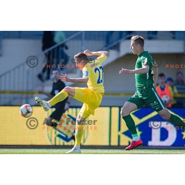 Gaber Dobrovoljc, Rok Kidric in action during Prva liga Telekom Slovenije football match between Domzale and Olimpija, Domzale Stadion, Domzale, Slovenia on March 30, 2019