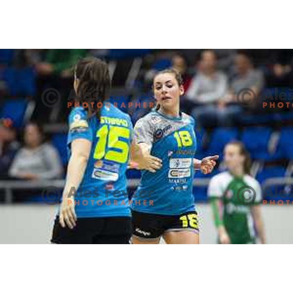 Tjasa Stanko and Nina Zulic in action during handball match between RK Krim Mercator and Krka, Women’s Final cup 2018/19, played in Golovec, Celje, Slovenia on March 31, 2019