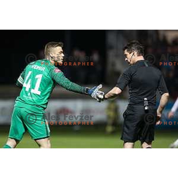 Nejc Vidmar and Matej Jug in action during soccer match between Aluminij and Olimpija, Semi-final round of Slovenia cup 2018/19, played in Sportni park Kidricevo, Slovenia on April 4, 2019