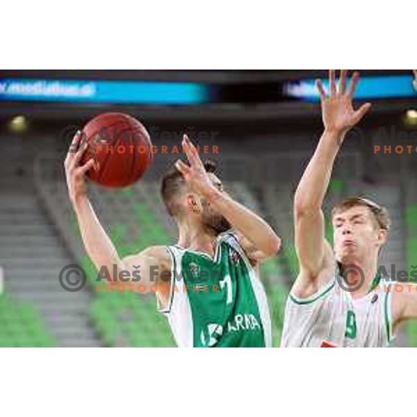 Tim Osolnik and Luka Samanic in action during Nova KBM league basketball match between Petrol Olimpija and Krka in Stozice, Ljubljana, Slovenia on April 5, 2019