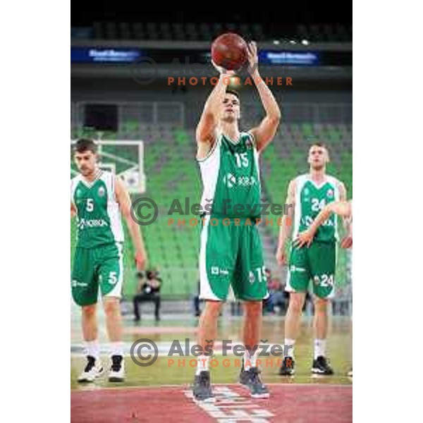 Jure Balazic in action during Nova KBM league basketball match between Petrol Olimpija and Krka in Stozice, Ljubljana, Slovenia on April 5, 2019