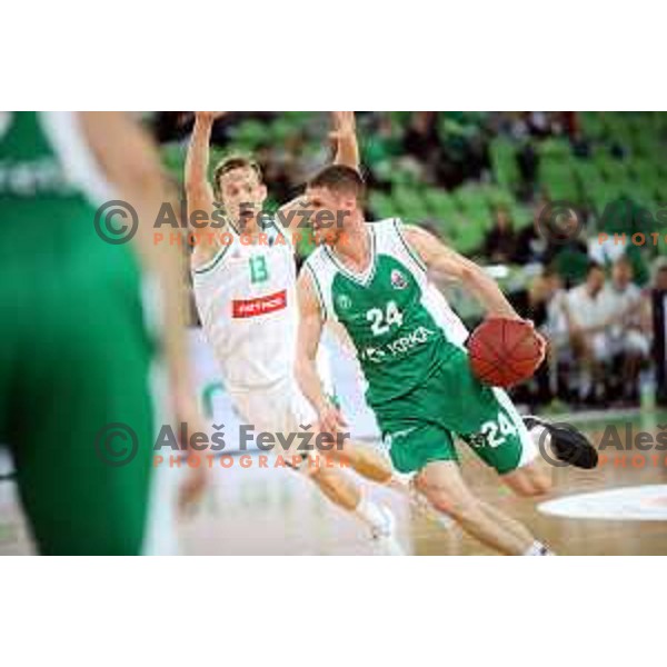 Miha Lapornik and Luka Lapornik in action during Nova KBM league basketball match between Petrol Olimpija and Krka in Stozice, Ljubljana, Slovenia on April 5, 2019