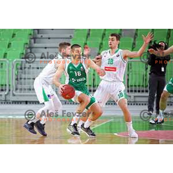 Marko Josilo and Roko Badzim in action during Nova KBM league basketball match between Petrol Olimpija and Krka in Stozice, Ljubljana, Slovenia on April 5, 201