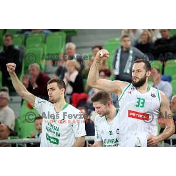 Roko Badzim and Bojan Radulovic in action during Nova KBM league basketball match between Petrol Olimpija and Krka in Stozice, Ljubljana, Slovenia on April 5, 201