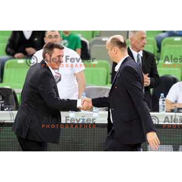 Simon Petrov and Jure Zdovc during Nova KBM league basketball match between Petrol Olimpija and Krka in Stozice, Ljubljana, Slovenia on April 5, 201