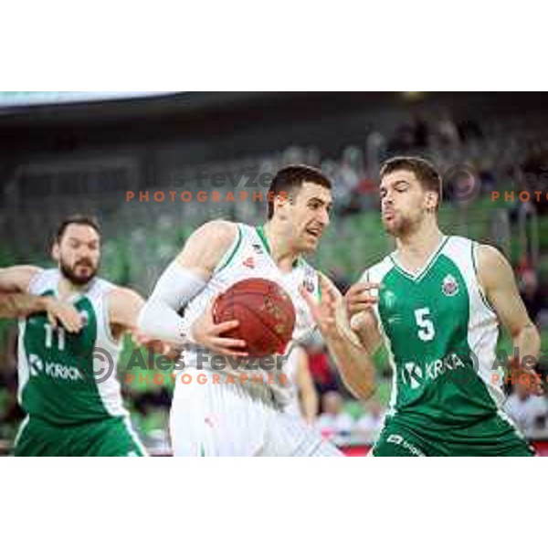 Aleksandar Lazic and Paolo Marinelli in action during Nova KBM league basketball match between Petrol Olimpija and Krka in Stozice, Ljubljana, Slovenia on April 5, 2019