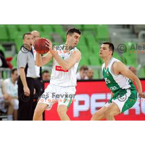 Drazen Bubnic and Jaka Balazic in action during Nova KBM league basketball match between Petrol Olimpija and Krka in Stozice, Ljubljana, Slovenia on April 5, 2019