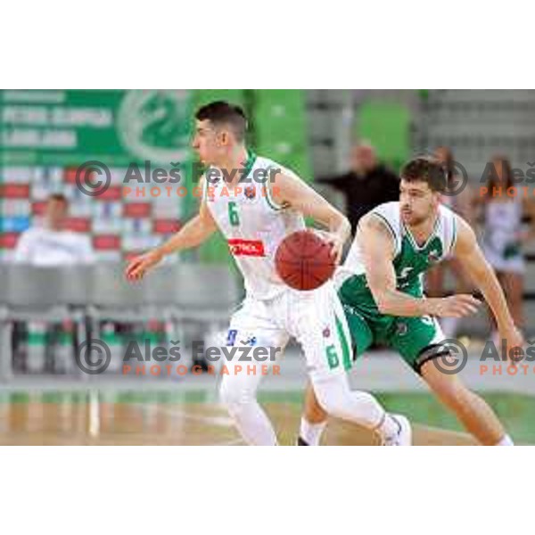 Jan Span and Paolo Marinelli in action during Nova KBM league basketball match between Petrol Olimpija and Krka in Stozice, Ljubljana, Slovenia on April 5, 2019