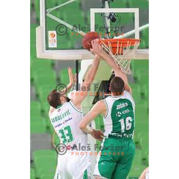 Bojan Radulovic and Marko Josilo in action during Nova KBM league basketball match between Petrol Olimpija and Krka in Stozice, Ljubljana, Slovenia on April 5, 2019