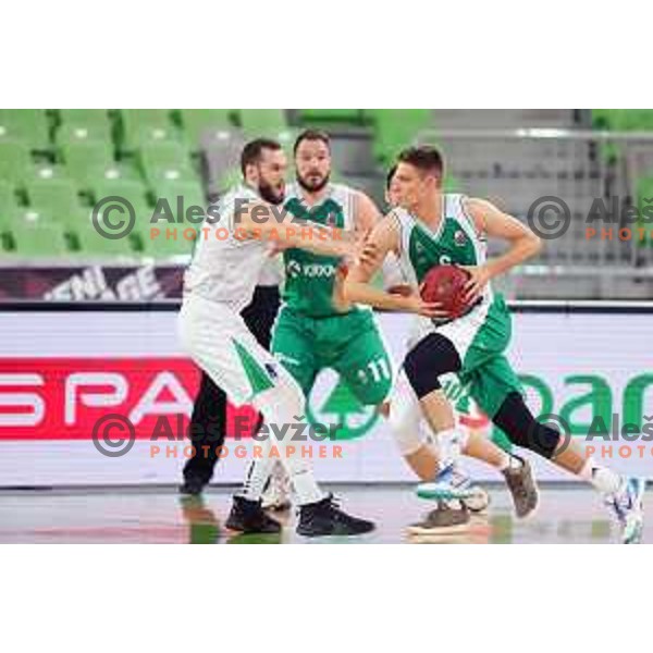 Miha Skedelj in action during Nova KBM league basketball match between Petrol Olimpija and Krka in Stozice, Ljubljana, Slovenia on April 5, 2019