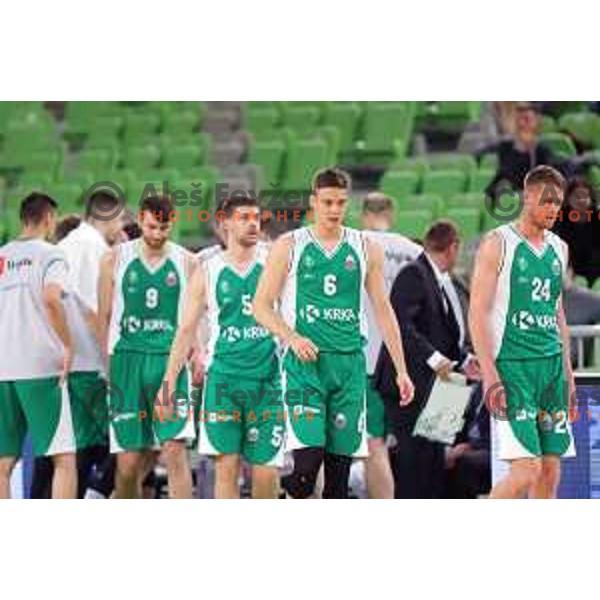 Miha Skedelj, Luka Lapornik in action during Nova KBM league basketball match between Petrol Olimpija and Krka in Stozice, Ljubljana, Slovenia on April 5, 2019