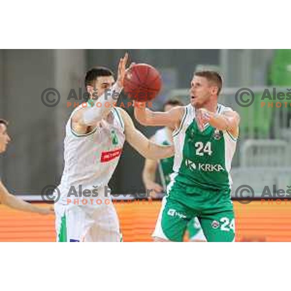 Aleksandar Lazic and Luka Lapornik in action during Nova KBM league basketball match between Petrol Olimpija and Krka in Stozice, Ljubljana, Slovenia on April 5, 2019