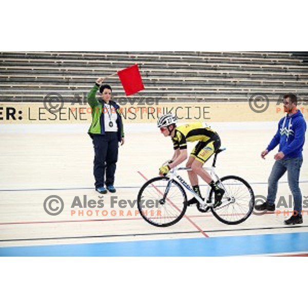Jan Trotovsek and Andrej Hauptman as starter during Velodrome Slovenian National Cycling Championships in Novo Mesto on April 9, 2019
