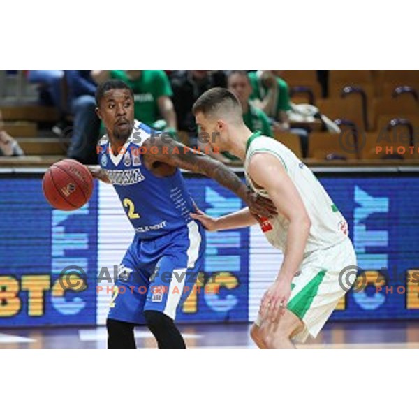 Lance Harris and Roko Badzim in action during Nova KBM League basketball match between Petrol Olimpija and Sixt Primorska in Tivoli Hall, Ljubljana on April 11, 2019